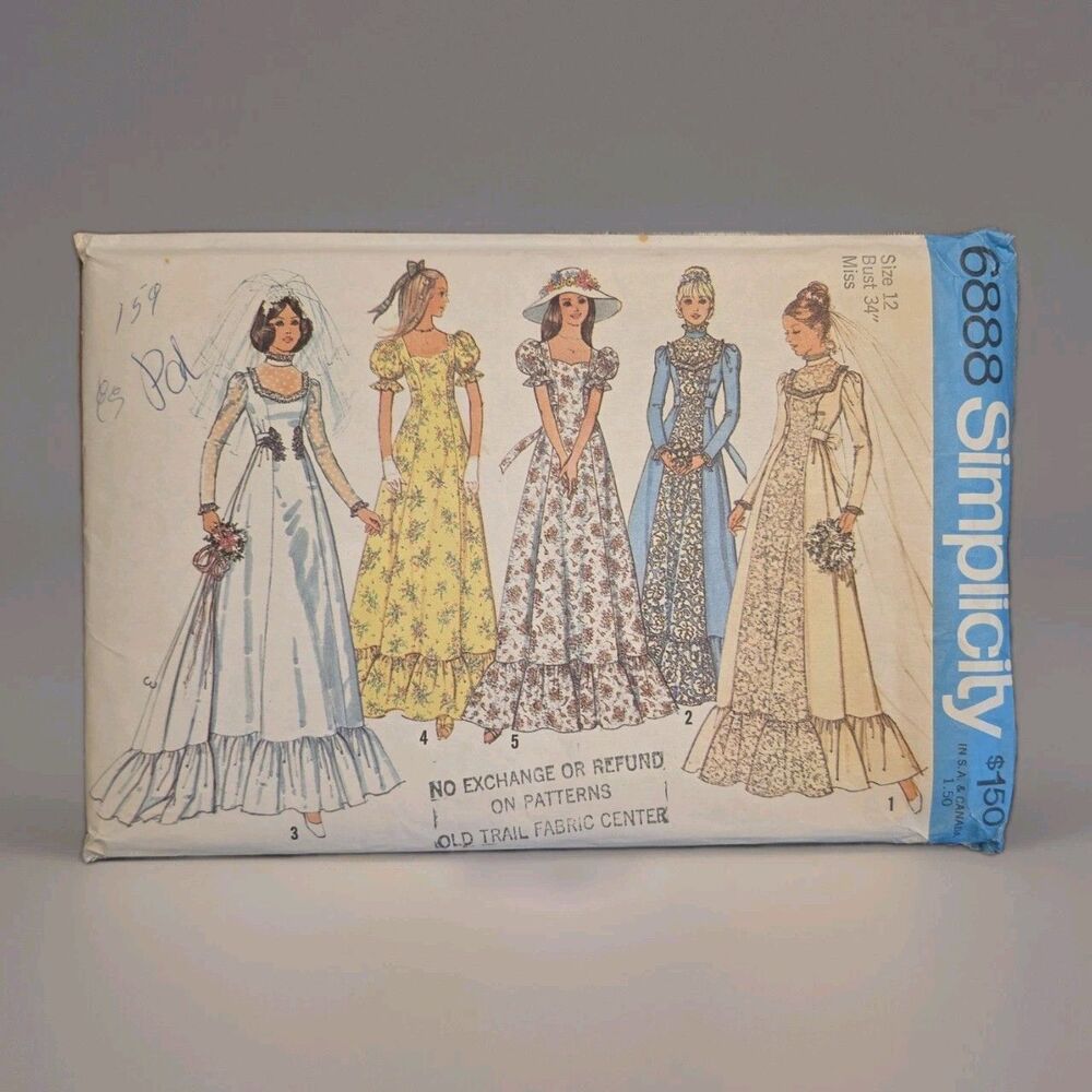 UNCUT Simplicity 6888 Vtg 1975 Bridal Wedding Dress Pattern Sz 12 Gunne Sax Boho
